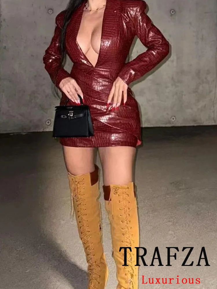 TRAFZA Sexy Leather Women Party Dress Solid Red Long Sleeve Mini Sheath Dress New Fashion 2024 Autumn Winter Evening Club Dress