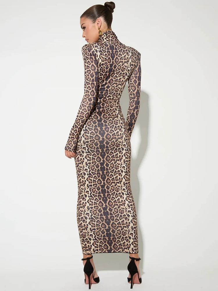 Leopard Animal Print Long Sleeve Sexy Turtle Neck Bodycon Long Maxi Dress For Women