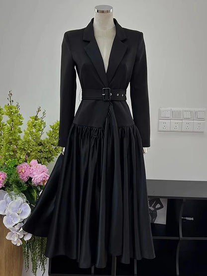 Women Notched Collar Long Sleeve High Waist Solid Patchwork Belt Loose Temperament Dresses