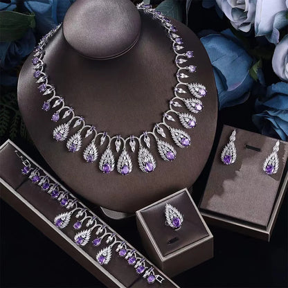 New Purple Zirconia Wedding Necklace and Earring Jewelry Set