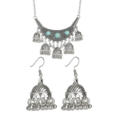 Fashion Indian Women Luxury Jewelry Set Charm Afghan Metal Small Bell Jhumka Earrings&Necklace Set Femmes Wedding Gift