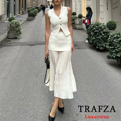 TRAFZA Office Lady Beige Knitted Women Suit V Neck Gold Button Vest+High Waist Ruffles Long Skirts Fashion 2024 Elegant Sets