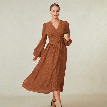 Women Long Sleeve Dress Spring Autumn Clothes Office Ladies Chic Elegant Casual Swiss Dot A-Line Party Dress Streetwear