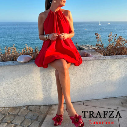 TRAFZA Sexy Chic Red Halter Mini Dress Women Fashion 2024 Summer Beach Bubble Dress Elegant Women Party Dress