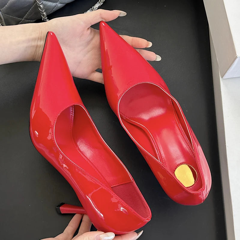 Sexy Patent Leather Pointed Toe Women Pump Elegant Wedding Party Prom High Heels Shoes Mule Female Sandals