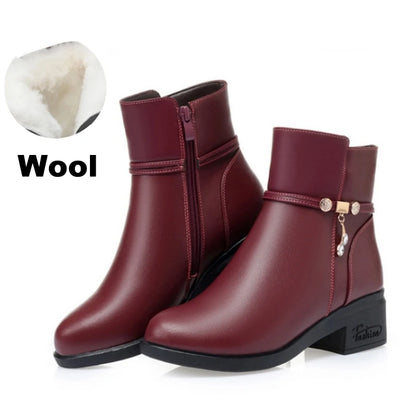 Women's Mother Female Genuien Leather Shoes Ankle Boots Winter Fur Plush Wool Warm Zipper