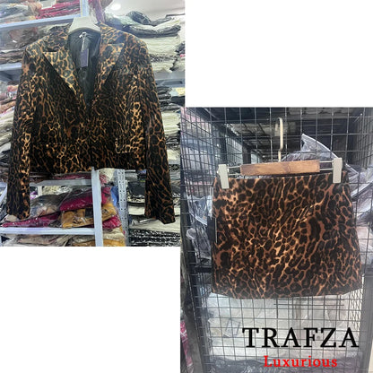 TRAFZA Vintage Women Leopard Print Suit Button Short Blazer Straight Mini Skirt Short Fashion 2025 Spring Office Wear Sets