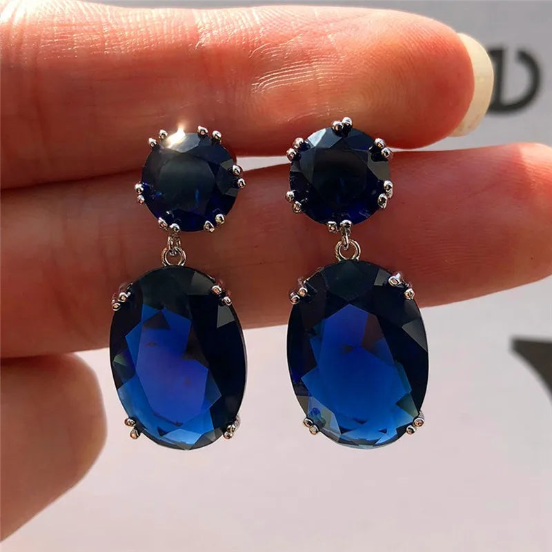 Ladies Blue White Water Drop Shaped Crystal Rhinestone Zircon Metal Dangle Earring for Women Party Jewelry