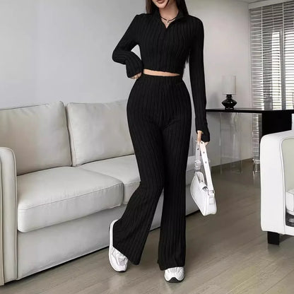 Short Style Zip Rib Knit Tops Long Pants Suit Women Casual Long Sleeve T-shirt & Slim Trousers 2 Piece Sets Autumn Women Sets