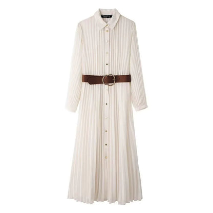 Autumn Women's Clothing New 2025 Spring Fall Temperament Elegant With Belt Midi Pleated Shirt Dress 8372/089