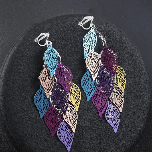 Pierced Colorful Dangle Bohemian Vintage Hollow Leaf Pendant Clip  Earrings for Women