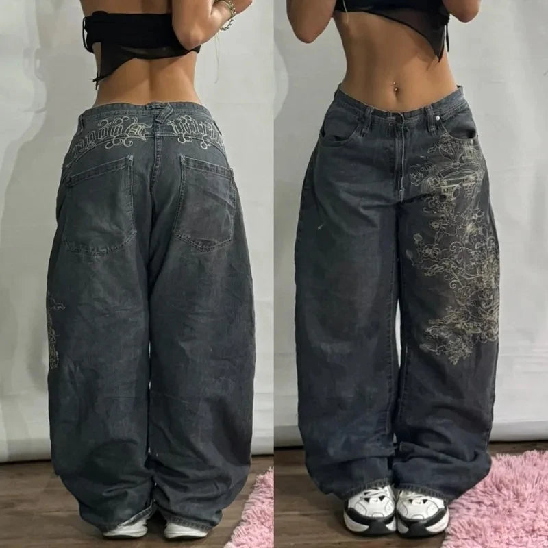 American New Fashion Multi-pocket Washed Baggy Jeans Women Vintage Hip Hop High Waist Casual Wide Leg Pants