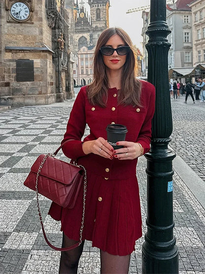 Elegant Button Coat Mini Skirt Women Set Slim Burgundy Red O-neck Single Breasted Top Skirts Sets 2025 Autumn New Lady Outfits