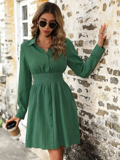 Women Fashion Mini Dress 2025 New Elegant Turn-down Collar Elastic Waist Long Shirt Dress Lady Commuter Plain Texture Dress