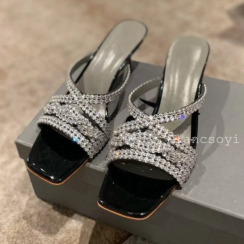 Bling Bling Rhinestone High Heels Slippers Women's Square Toe Thin Heels Lazy Sandals Summer Fashion Party Dress Shoes 2025