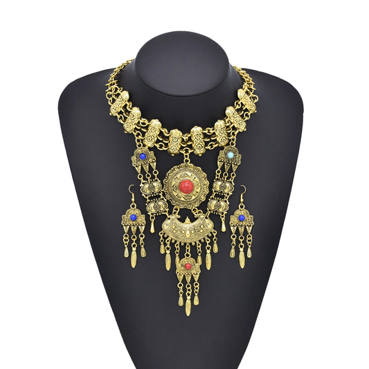 Retro Gypsy Tribal Ethnic Costumes Necklace Earrings Set Boho Afghan Leaf Flower Moon Coins Chokers Statement Jewelry for Women