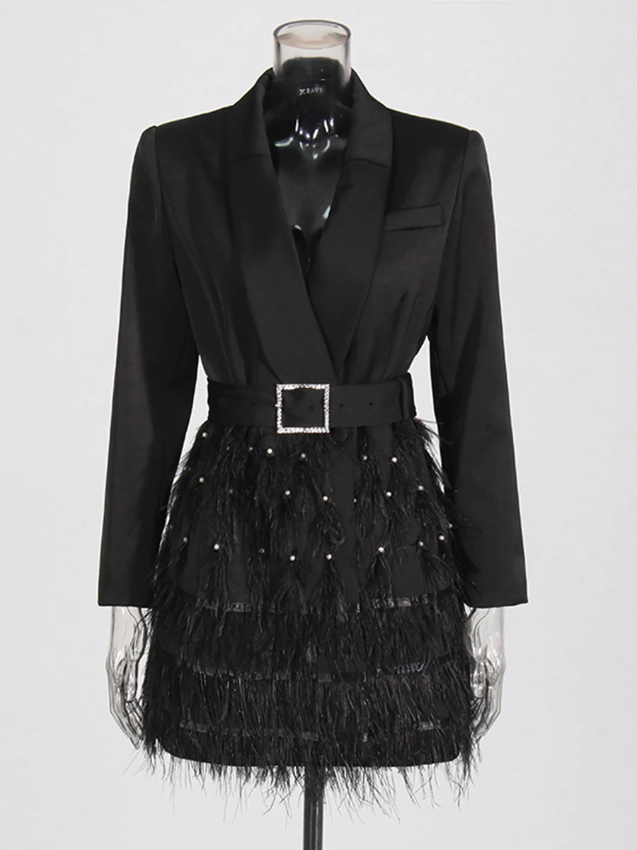 Solid Patchwork Feathers High Street Dresses For Women Lapel Long Sleeve Spliced Sashes Mini Dress