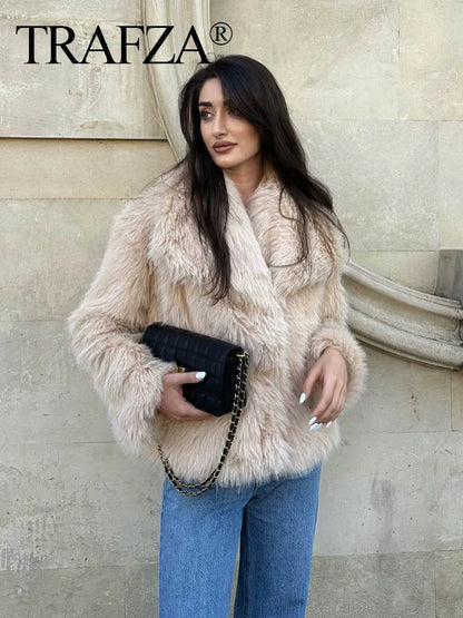 Women Fashion Cropped Faux Fur Jacket Coat Long Sleeve Front Snap-button Female Outerwear Chic Lapel Collar Thick Coat