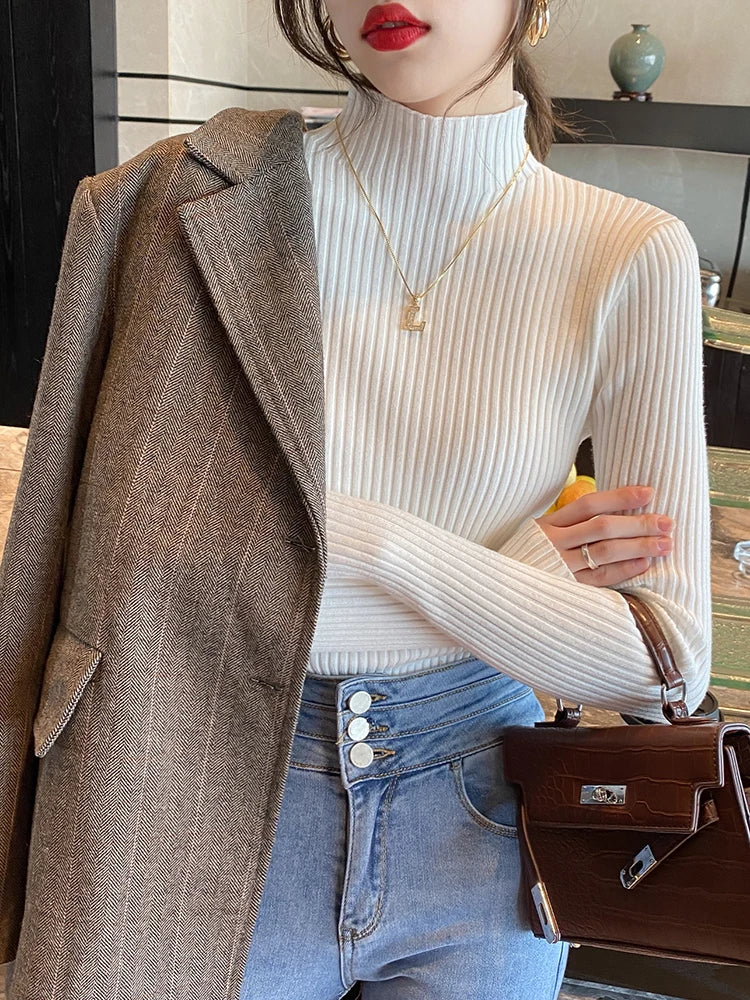 Elegant Solid Basic Knitted Tops Women Turtlneck Sweater Long Sleeve Casual Slim Pullover Korean Fashion Simple Chic Clothes