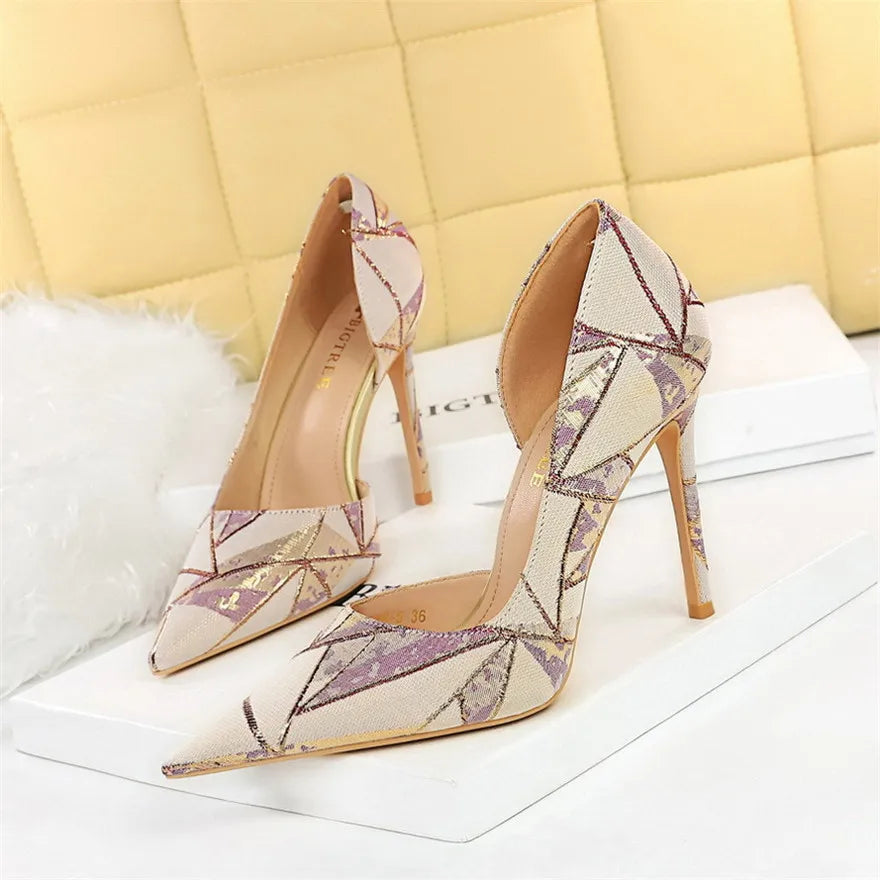 Fashion Pattern Big 34-43 Women Shoes Sexy Side Hollow Pointed Toe High Heels Shoes