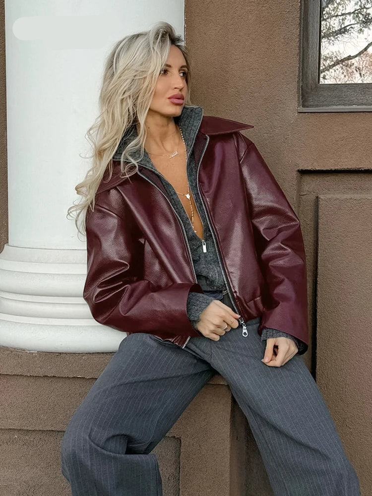 Wine Red Faux Leather Fashion Outerwear 2024 Thicken Zipper Lapel Pu Coats Autumn Winter Streetwear Ladies Tunic Tops Women