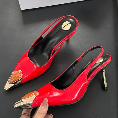 Street Style Inlay Crystal Metal Pointed Toe Women Pumps Sexy Banquet Party Thin High Heels Female Shoes Sandals