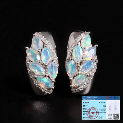 Women's Leaf Shape Opal Silver Earrings Rich Color Natural gemstone Light Luxury Fine Jewelry for Wedding Anniversary Gift