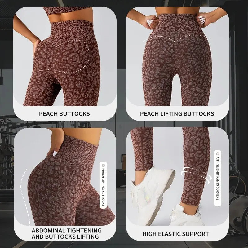 Women's Seamless Leopard Print Yoga Pants with Hip Lifting and High Waist Fitness Pants with High Elasticity