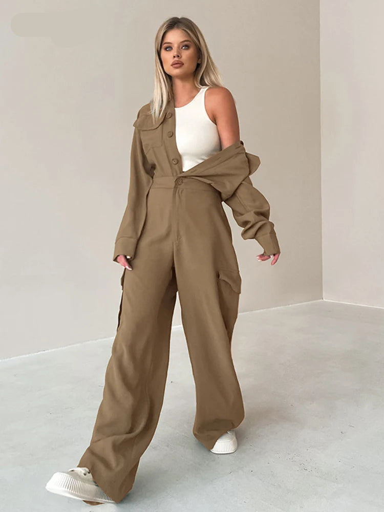 Khaki Long Jumpsuits Women 2025 Streetwear Long Sleeve Single Breasted Overalls Casual Green Loose Pants Jumpsuits