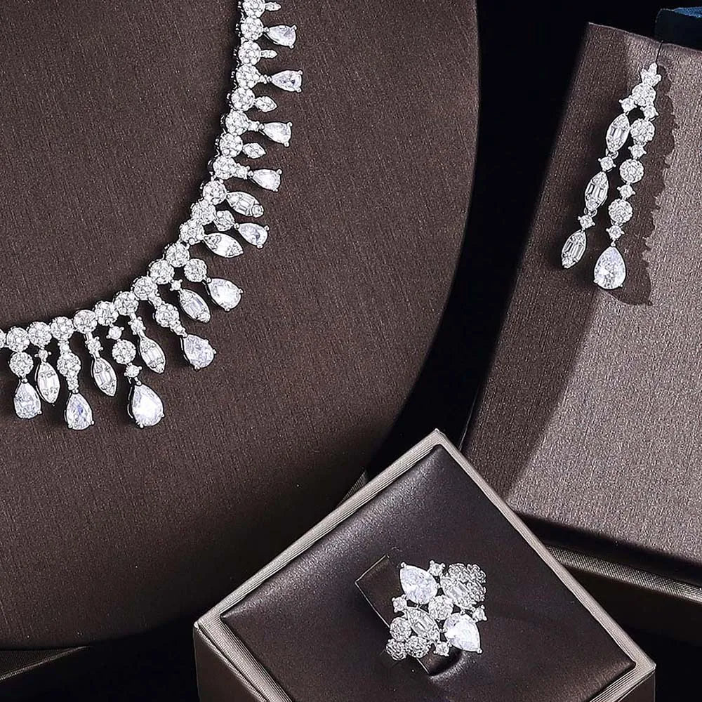 Luxury Brilliant Cubic Zircon Ear Drop Necklace Heavy Dinner Jewelry Set Wedding Bridal Dress Accessories