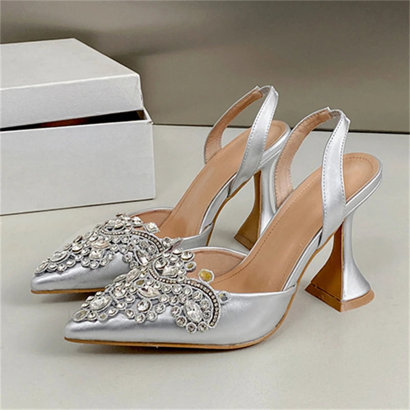 Spring Crystal Diamond Slingback Women Pumps Fashion Pointed Toe High Heels Shoes Elegant Wedding Party Zapatos De Mujer