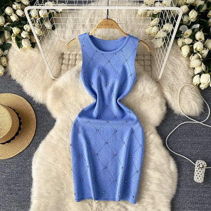 YuooMuoo Hotsweet Beading Knitted Mini Dress Women Sleeveless Slim Bodycon Summer Dress Streetwear Lady Outfits Tank Dress