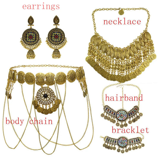 Gypsy Gold Color Coin Bracelet Choker Necklace Drop Earrings For Women Pakistan Ethnic Body Chain Afghan Dress India Jewelry Set