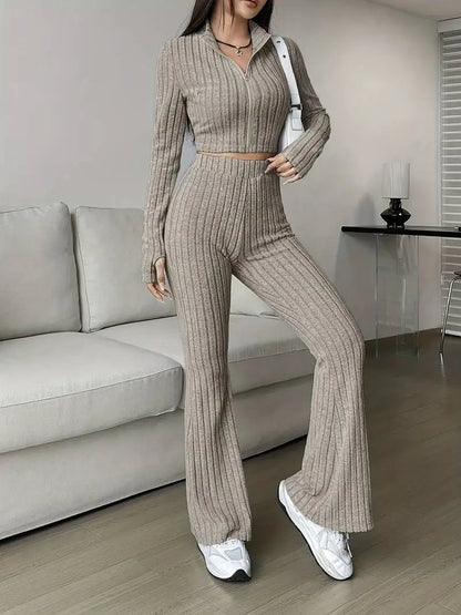 Short Style Zip Rib Knit Tops Long Pants Suit Women Casual Long Sleeve T-shirt & Slim Trousers 2 Piece Sets Autumn Women Sets