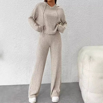 New Casual Knitted Striped Long Hooded Sweatshirt Loose Long Sleeves and Trousers Fashion Suit