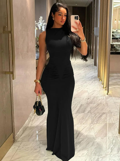 Women Elegant Long Ruched Bodycon Sleeveless Solid long Dresses